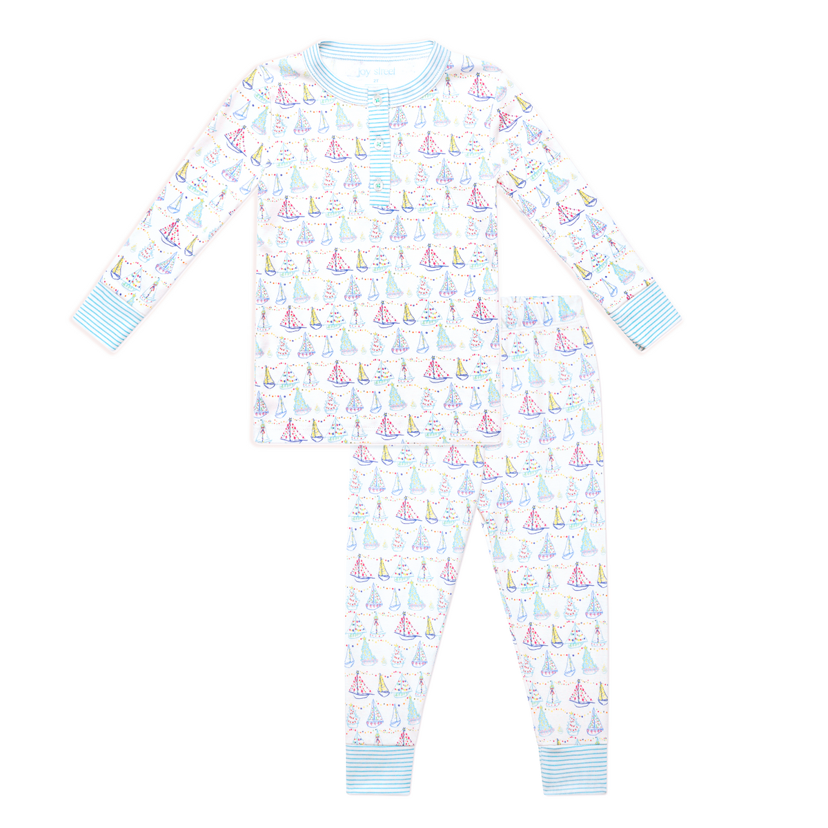 Front view of Holiday Harbor pajamas set with a henley top, matching pants, colorful sailboats, and blue striped trim