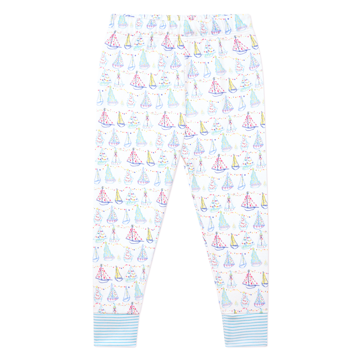 Front view of Holiday Harbor Henley Pajamas showcasing sailboat print and striped cuffs on a white background