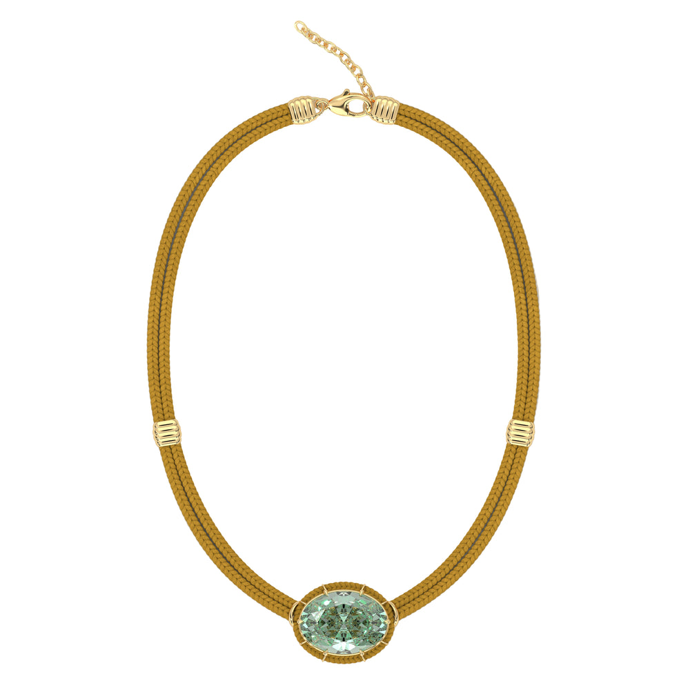 Front view of Green amethyst pendant on ochre silk cord showcasing oval gem set in 18K yellow gold bezel, white background