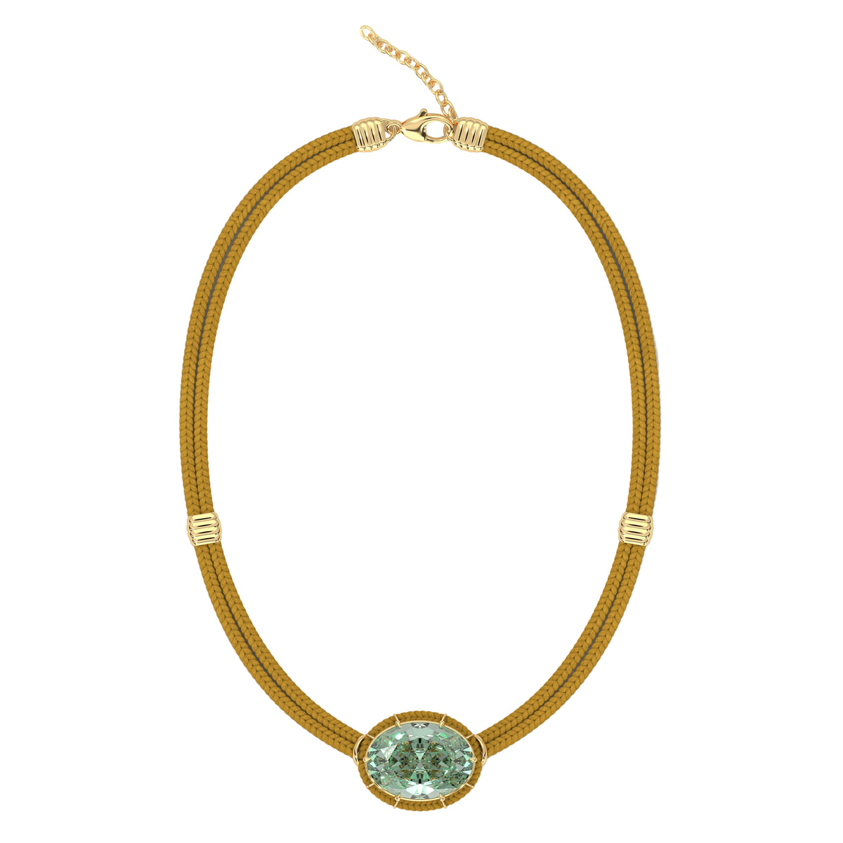 Front view of Green amethyst pendant on ochre silk cord showcasing oval gem set in 18K yellow gold bezel, white background
