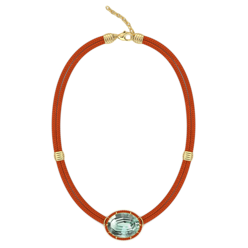 Concave-Cut Green Amethyst Silk Cord Pendant, Bright Vermillion Cord