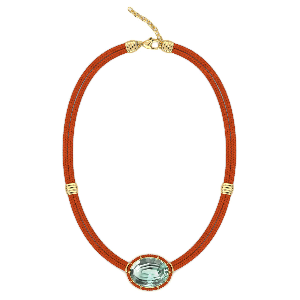 Concave-Cut Green Amethyst Silk Cord Pendant, Bright Vermillion Cord