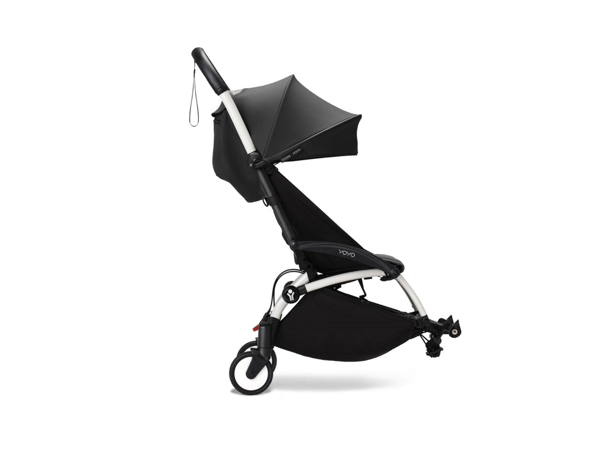 Side profile of YOYO3 Connect accessory with white frame and extended black canopy on white background