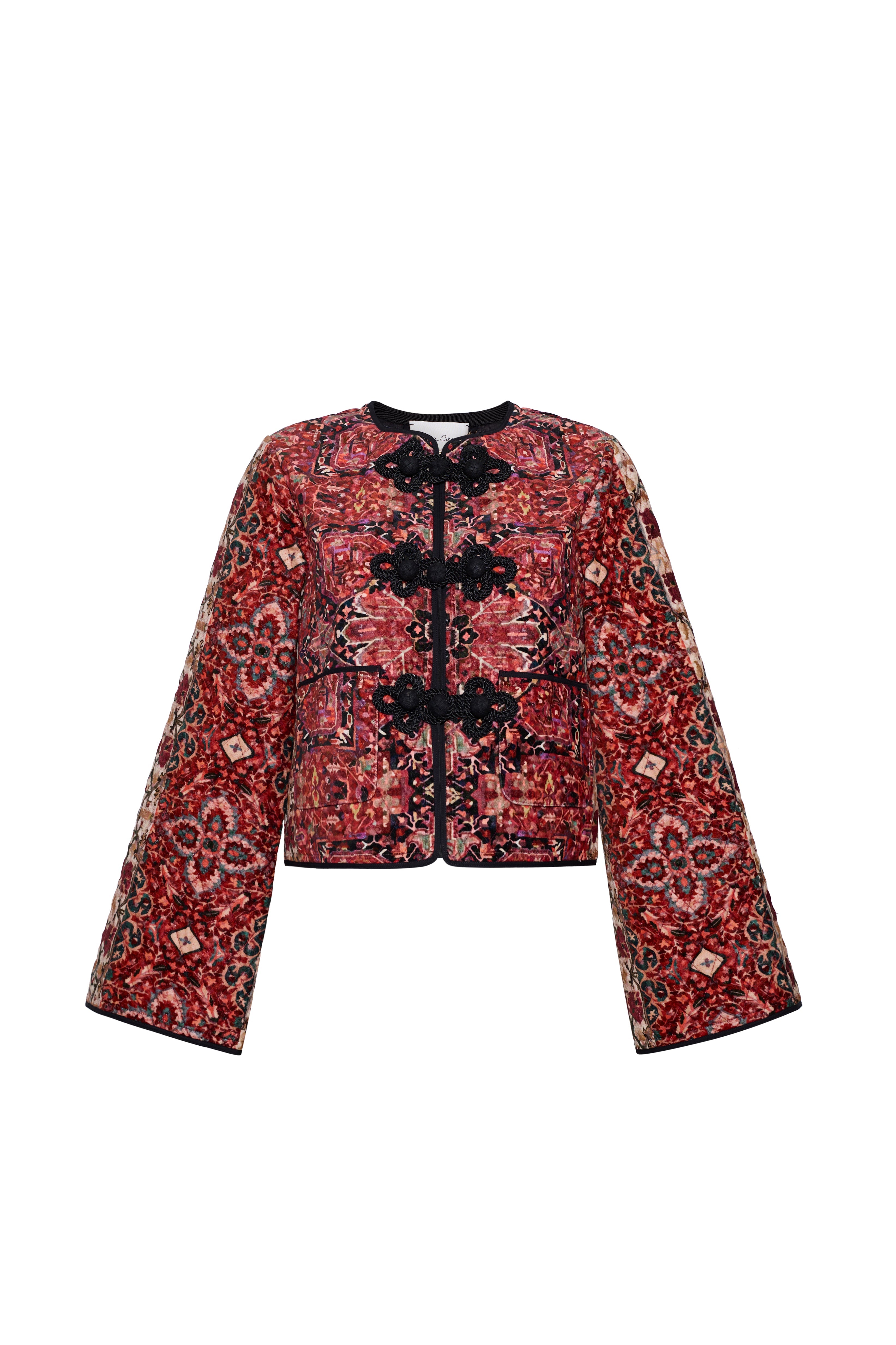 Front view of Yanna Jacket in Tapestry Red showcasing ornate pattern, black trim, and frog closures on white background