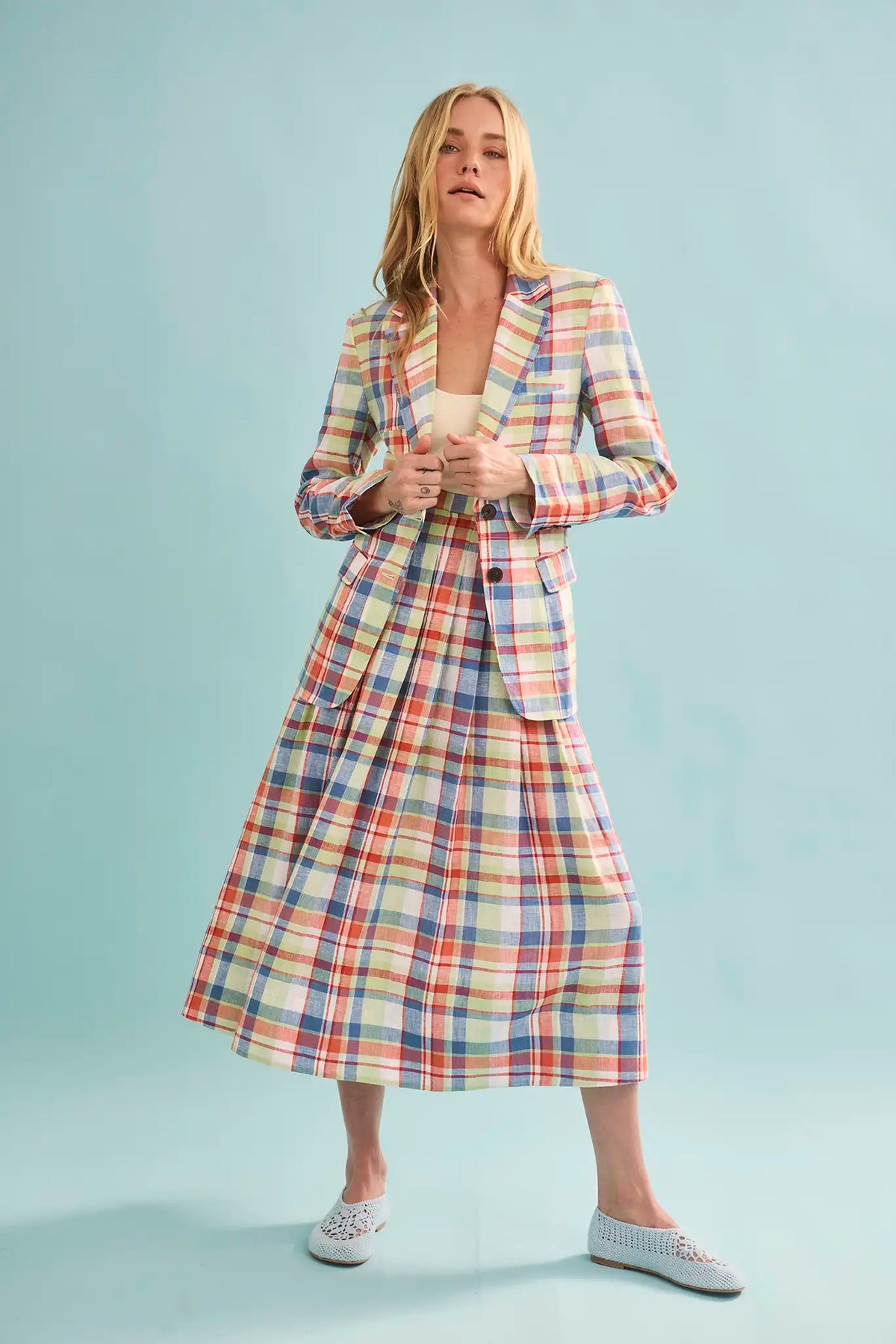 The Yardley Blazer in Harbor Club Madras paired with matching Maison Skirt.