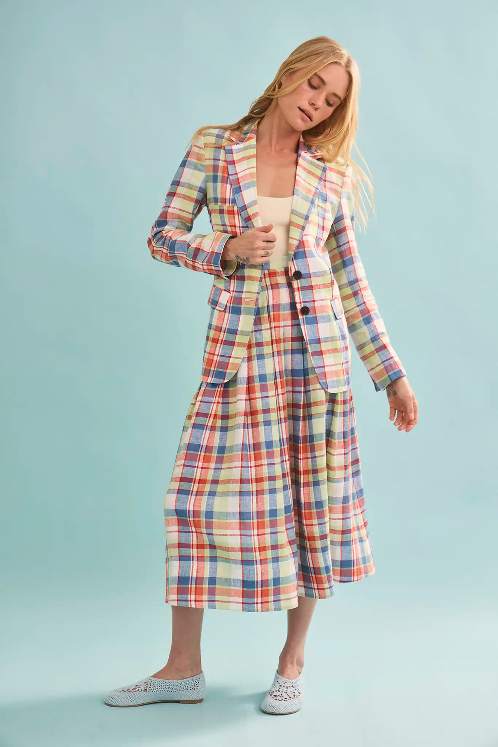 The Yardley Blazer in Harbor Club Madras paired with matching Maison Skirt.