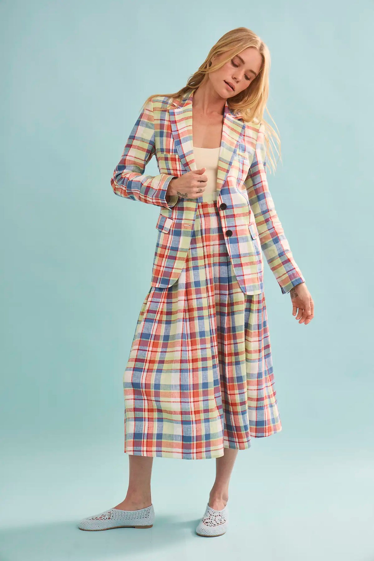 The Maison Skirt in Harbor Club Madras paired with matching Yardley Blazer and Davis Cami.