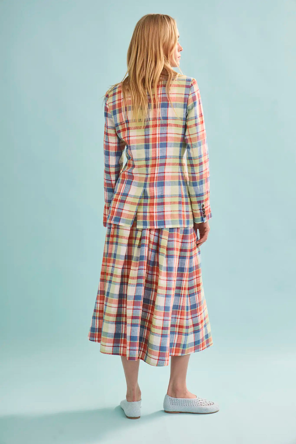 Back of The Yardley Blazer in Harbor Club Madras paired with matching Maison Skirt.