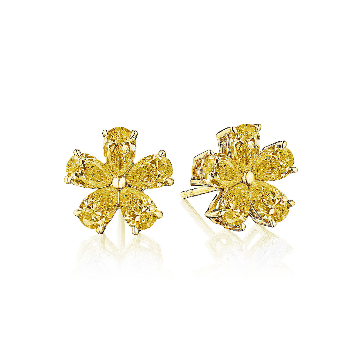 The Pear Shape Yellow Diamond Flower Studs in Yellow Gold feature five petal-like yellow diamonds set in gold, resembling elegant flower-shaped studs and presented on a white background.