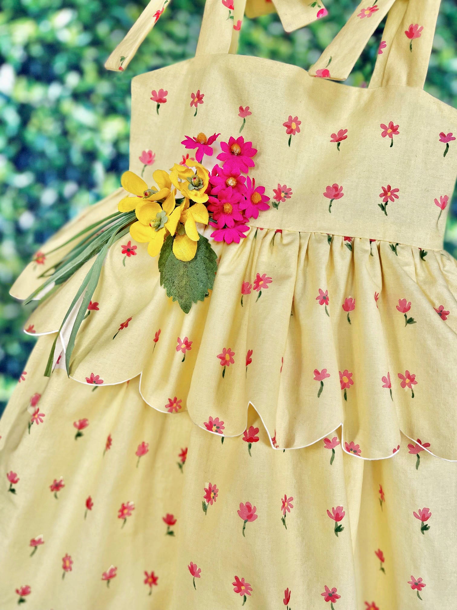 Scallop Peplum Petal Dress in Yellow & Pink Daisies