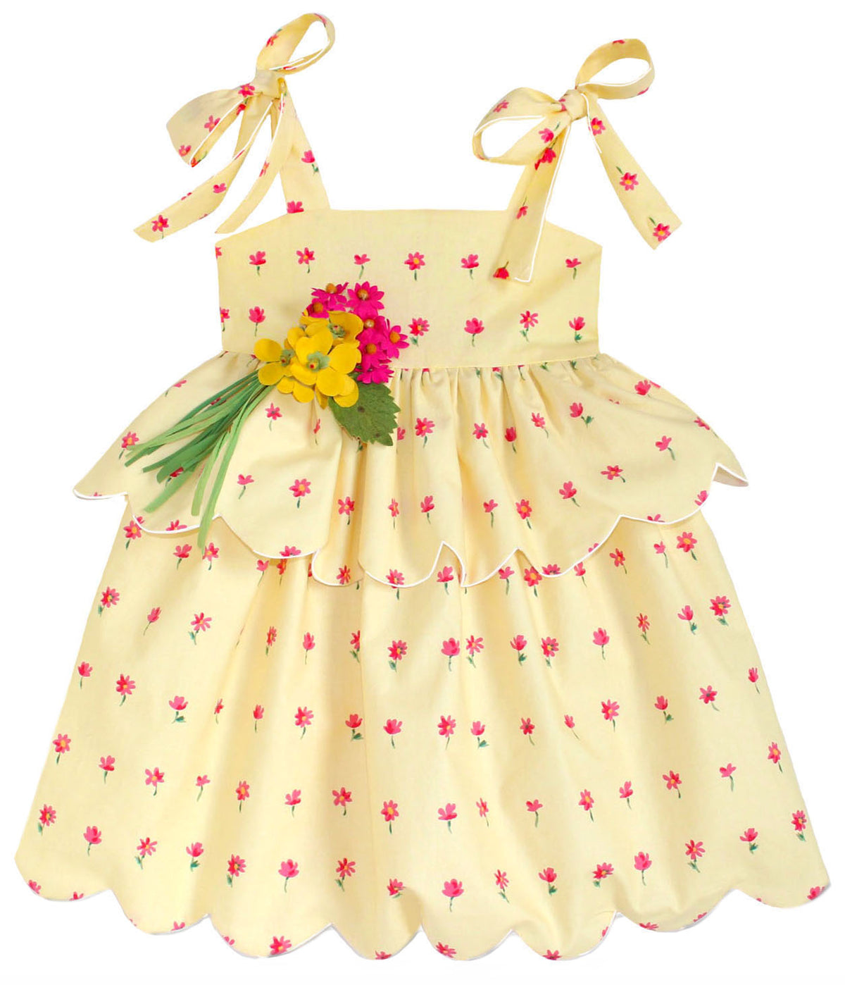 Scallop Peplum Petal Dress in Yellow & Pink Daisies