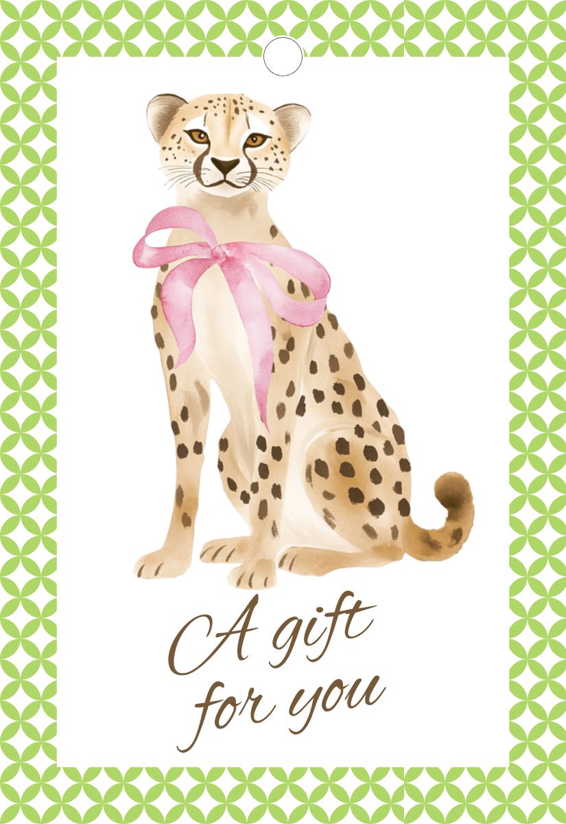 Front view of a gift tag with a watercolor cheetah, blush pink bow, green lattice border, and A gift for you text