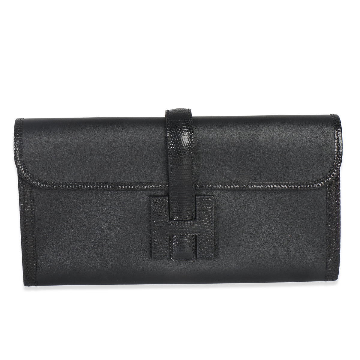 Front view of Hermès Black Swift Lizard Jige Elan 29 clutch with lizard-textured flap and loop closure on white background