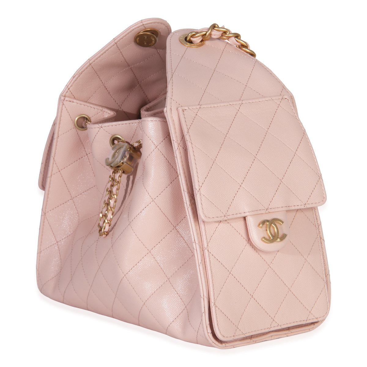Three-quarter view of Chanel Small 25 hobo handbag, pink caviar leather, gold chain drawstring and front flap on white