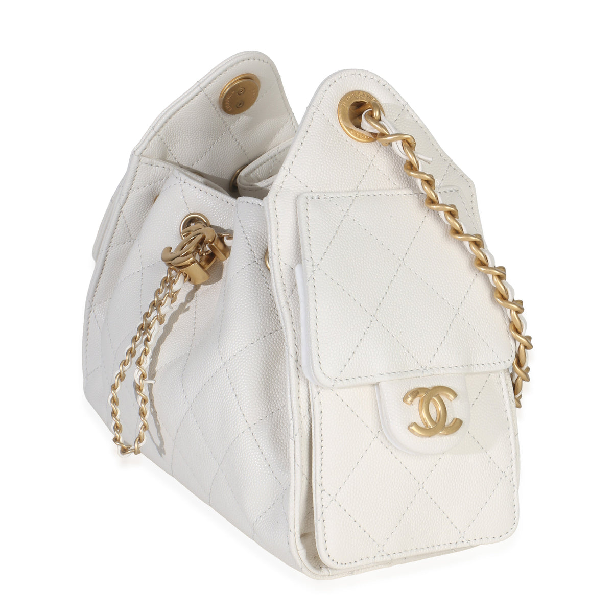 Close-up of Chanel White Quilted Caviar Mini 25 Hobo Handbag showcasing quilted caviar leather and gold-tone CC clasp