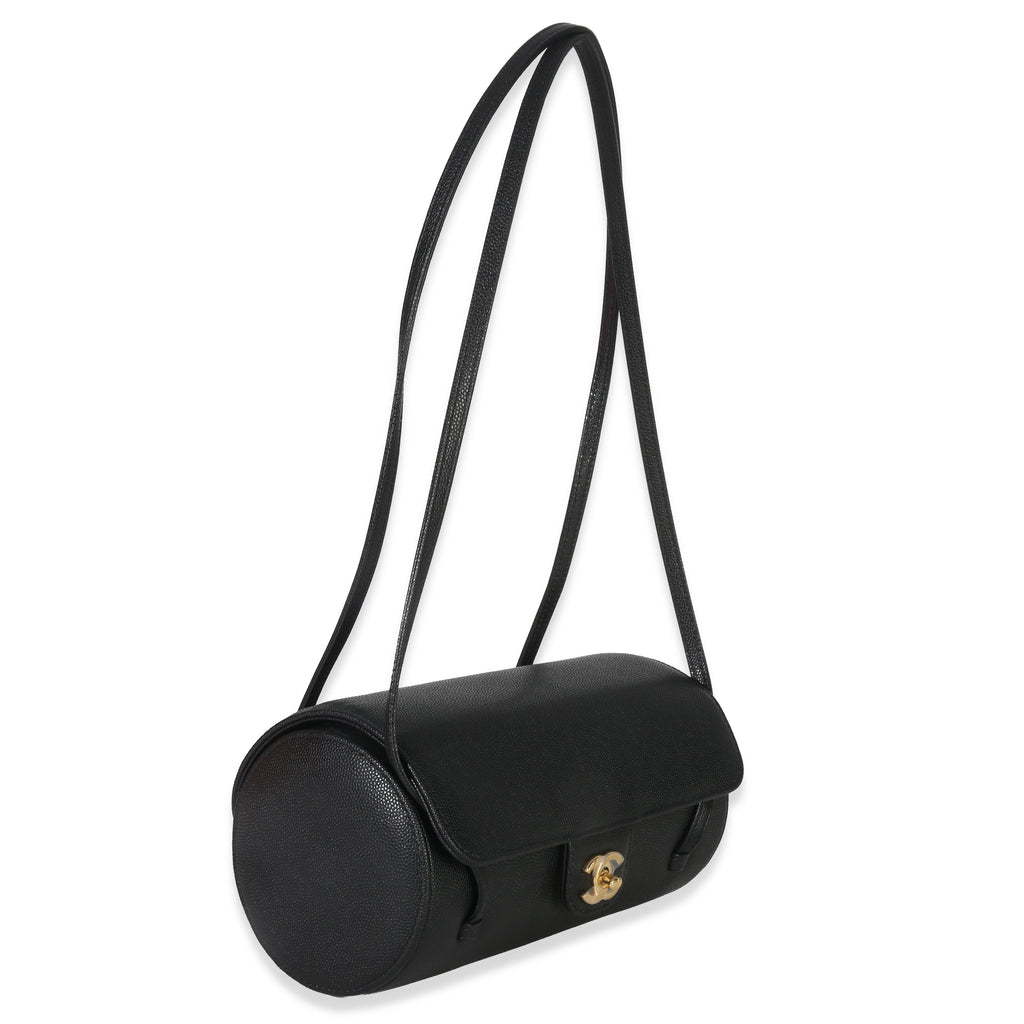 Chanel 26P Black Grained Shiny Calfskin Small Bowling Bag Handbag pv