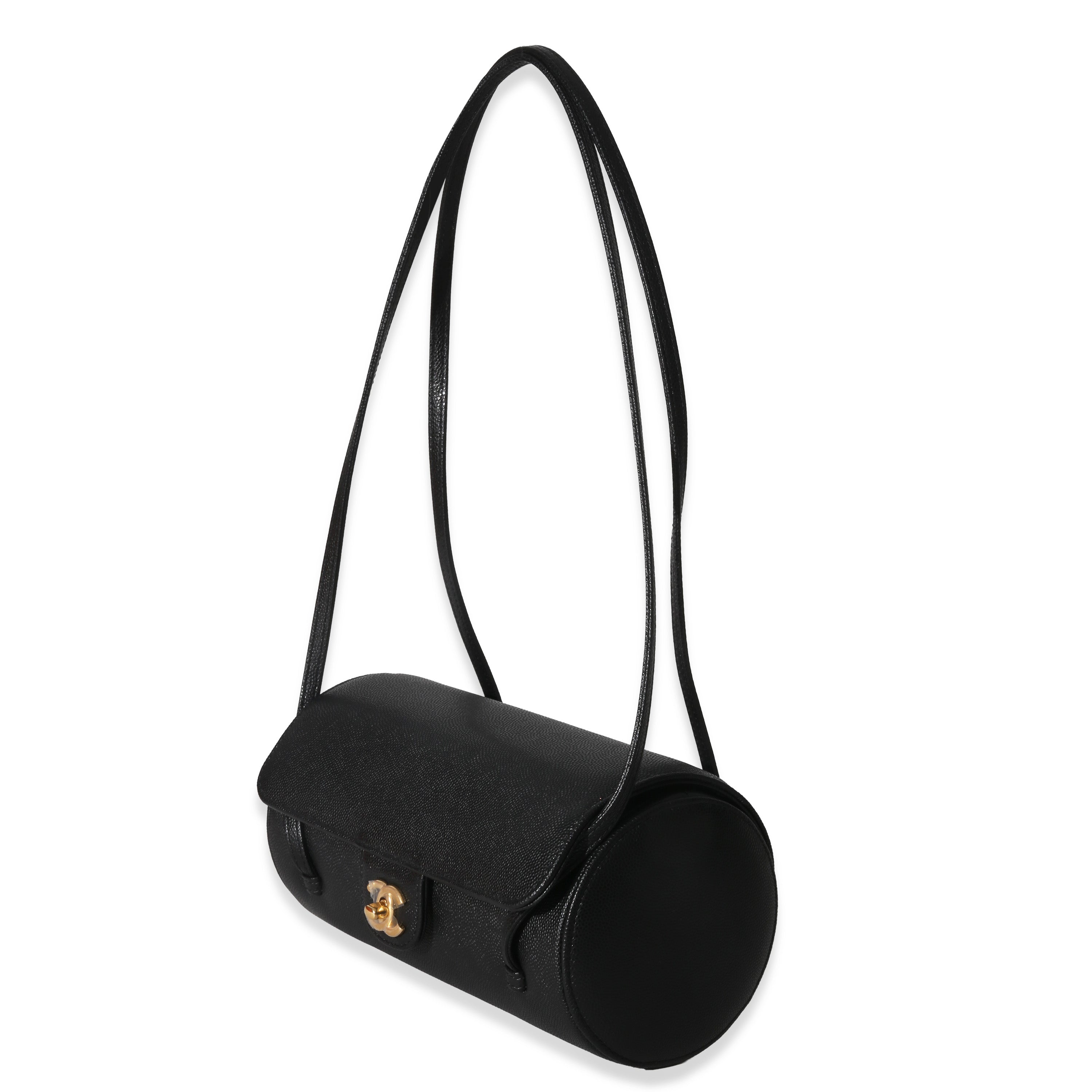 Chanel 26P Black Grained Shiny Calfskin Small Bowling Bag Handbag sv