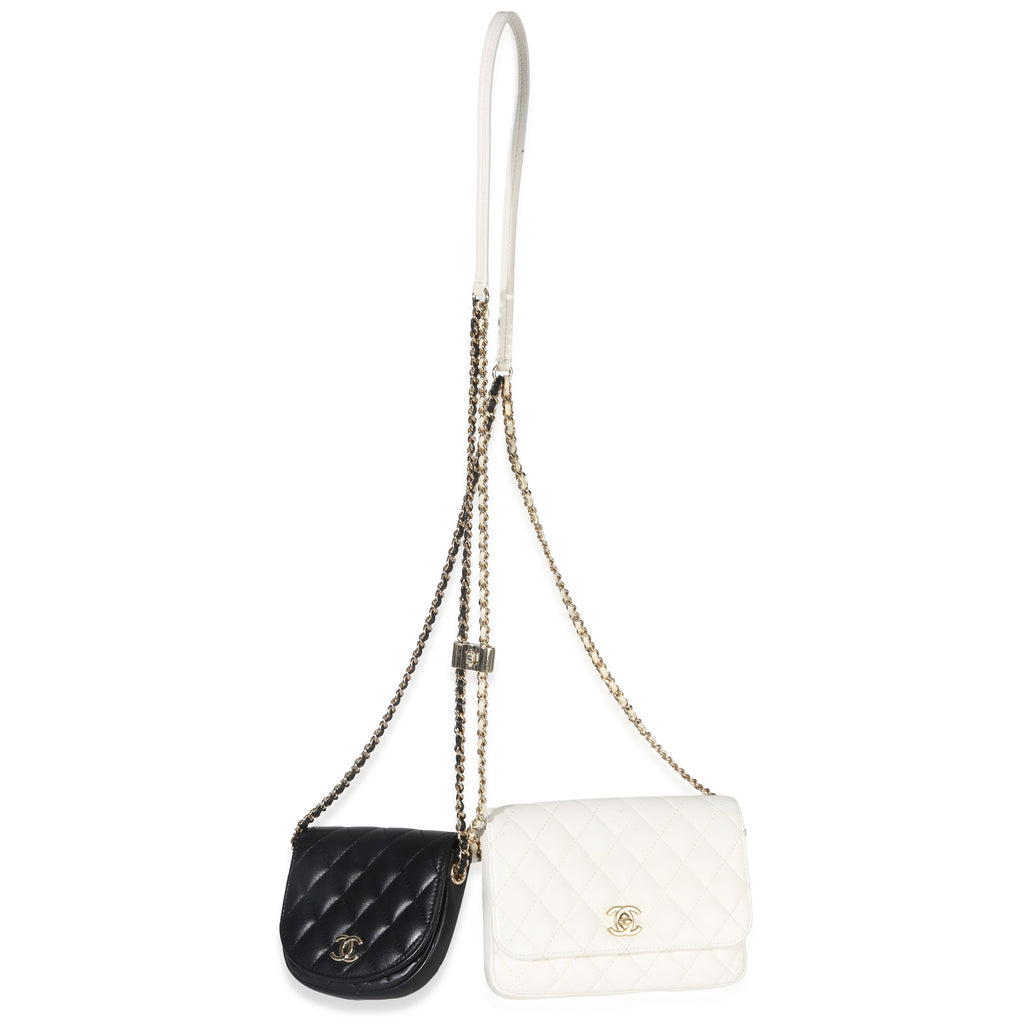 Chanel White Black Quilted Lambskin Small Side Packs Flap Bag Handbag pv