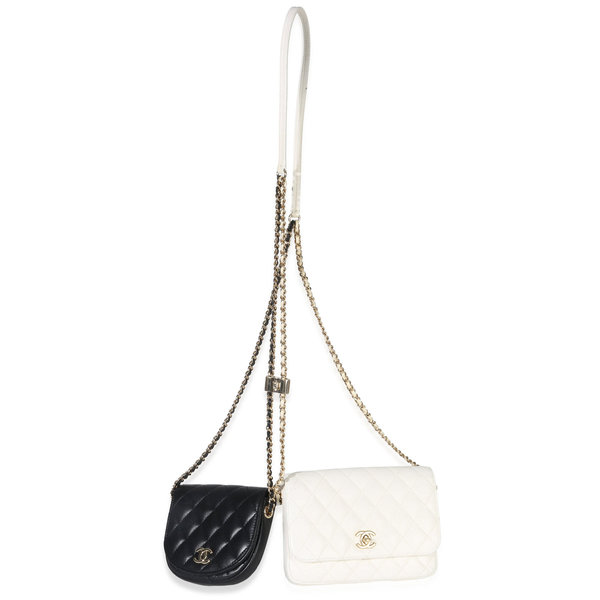 Chanel White Black Quilted Lambskin Small Side Packs Flap Bag Handbag pv