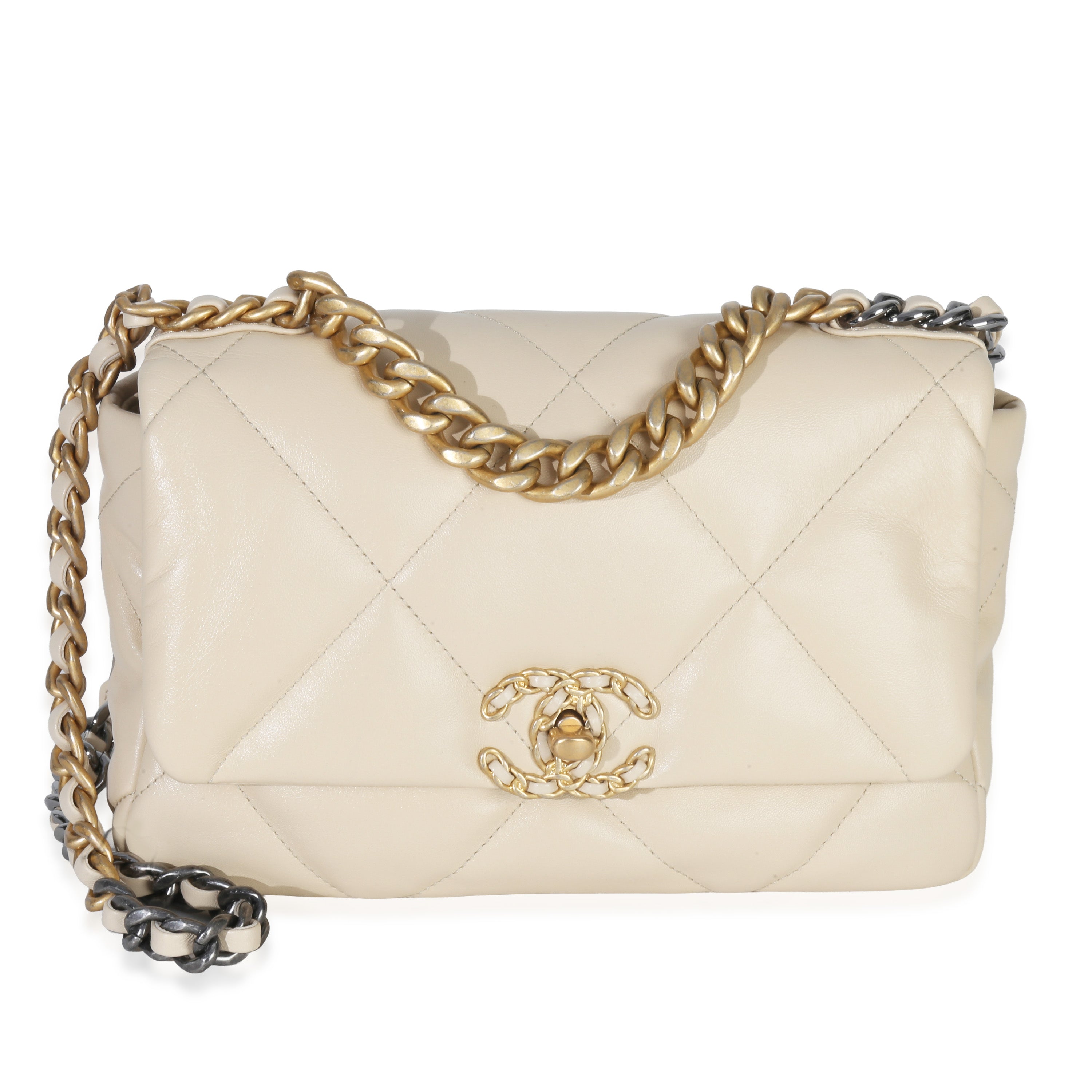 Chanel Beige Quilted Lambskin Medium  19 Flap Bag Handbag fv