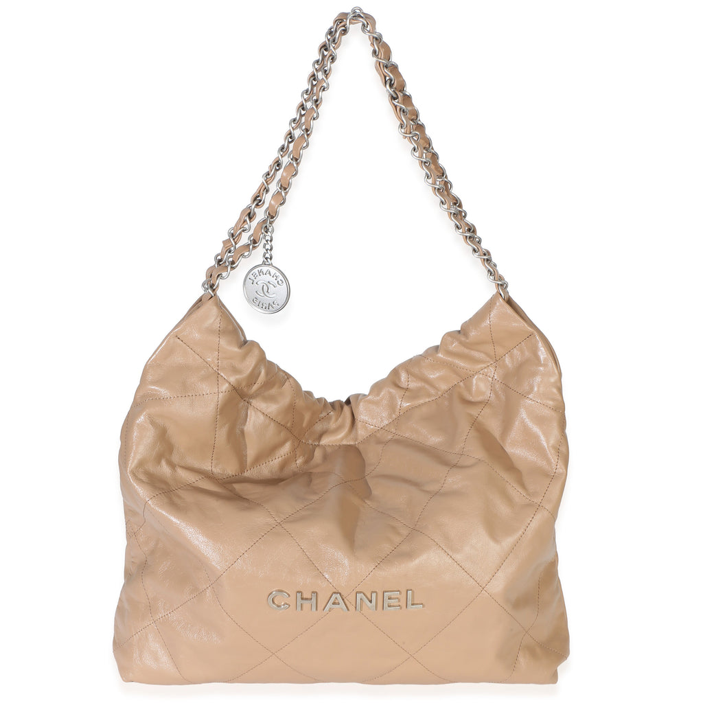 Chanel Beige Shiny Quilted Calfskin Small  22 Hobo Handbag fv