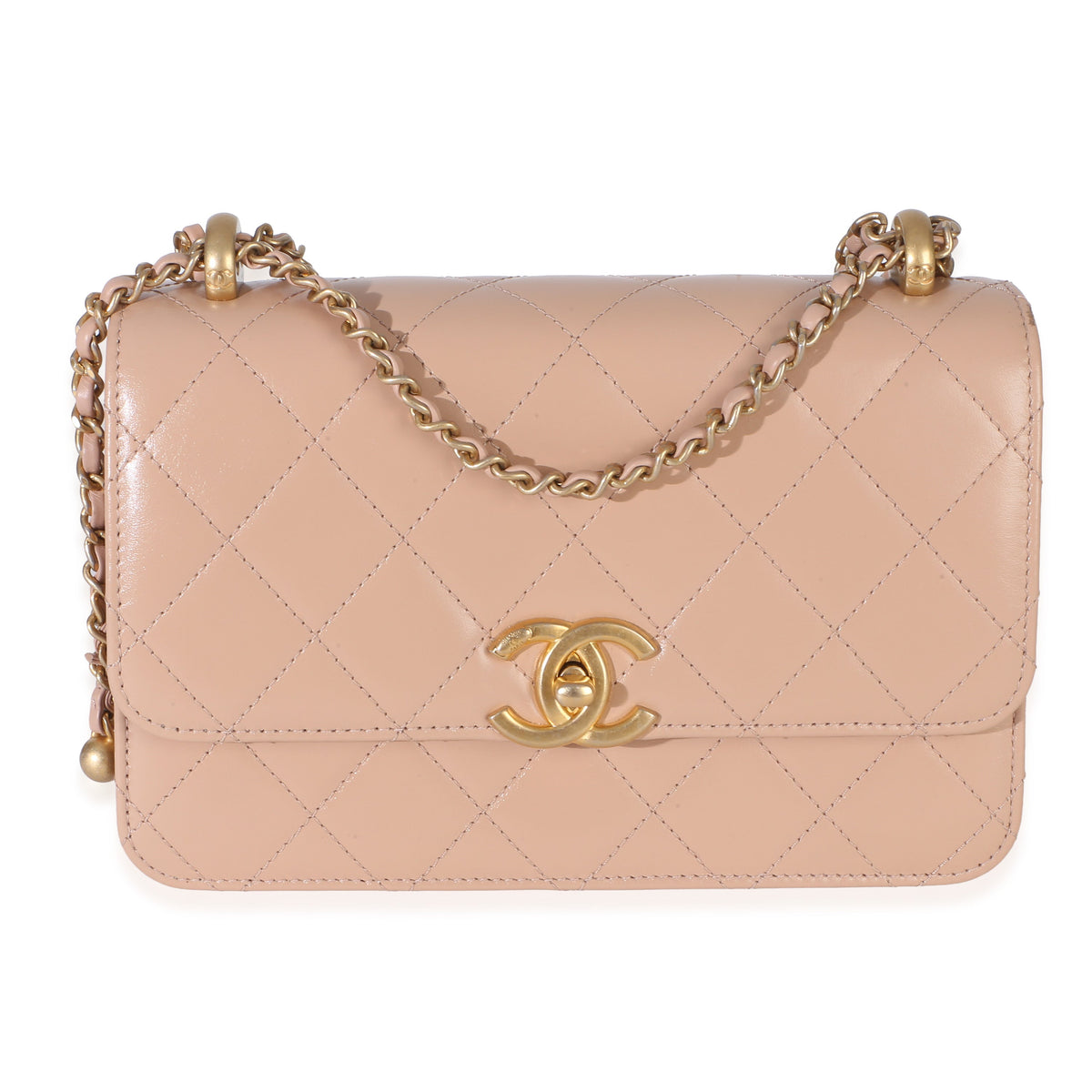 Front view of Chanel beige quilted Mini Perfect Fit Flap Bag with gold CC turnlock and leather-woven chain on white