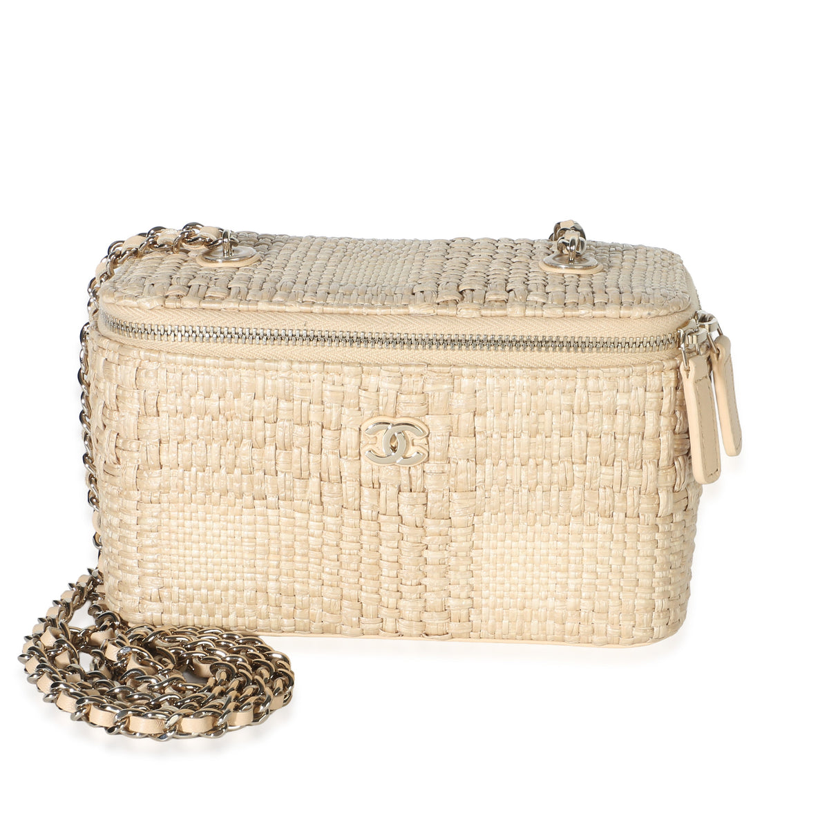 Chanel Beige Braided Raffia Vanity Case With Chain Handbag fv