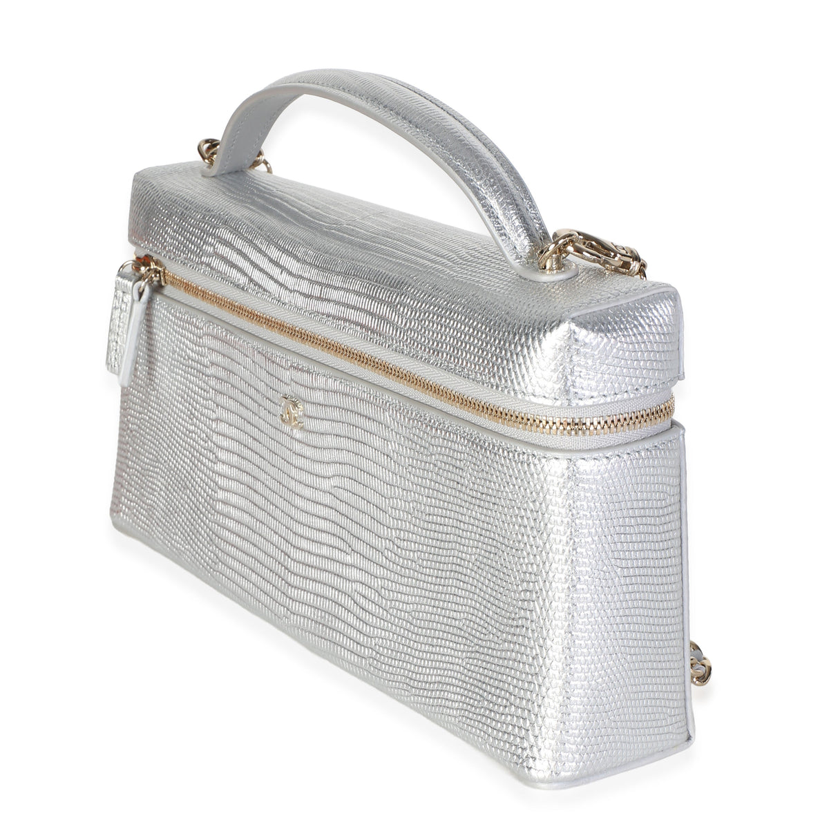 Chanel Silver Lizard Embossed Calfskin Top Handle Slim Vanity With Chain Handbag 2