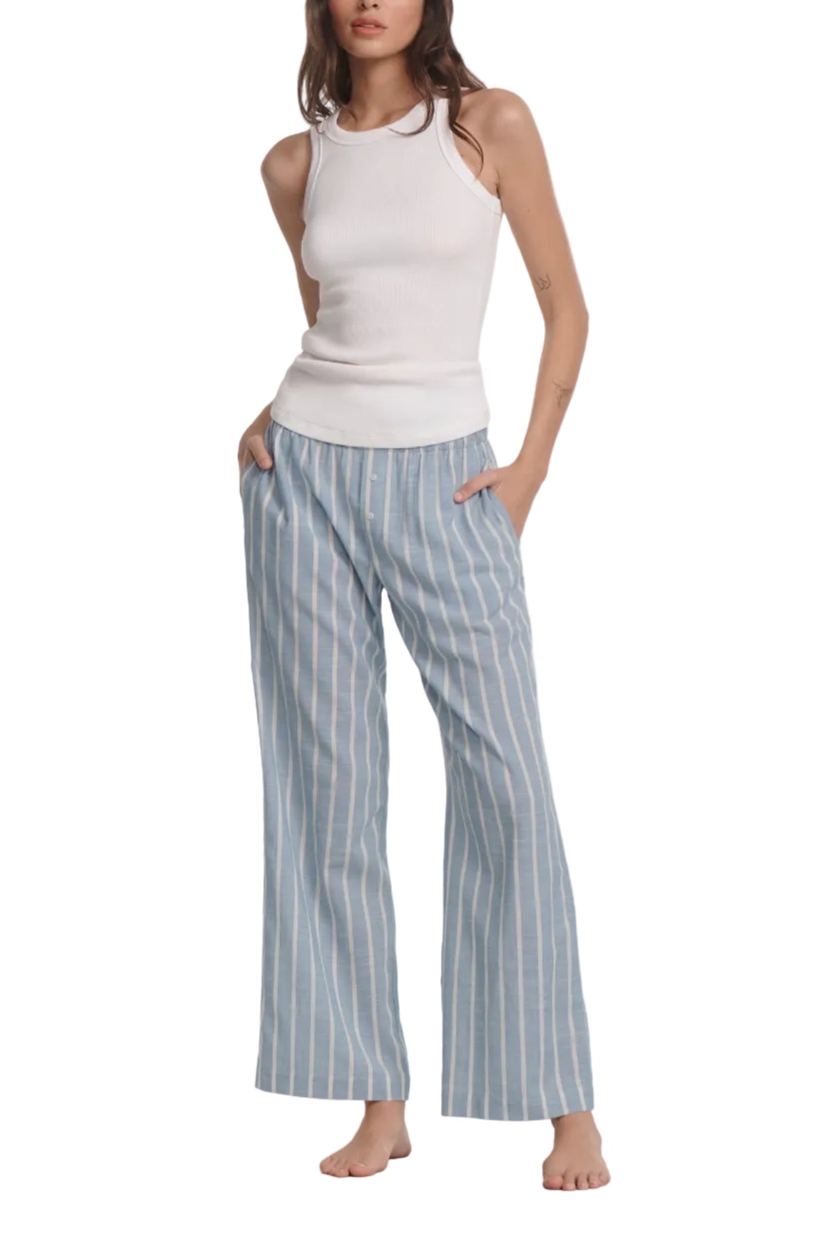 Front of Nautico Boxer Pant with slate blue and ivory stripes showing relaxed mid-rise straight leg and side pockets on model