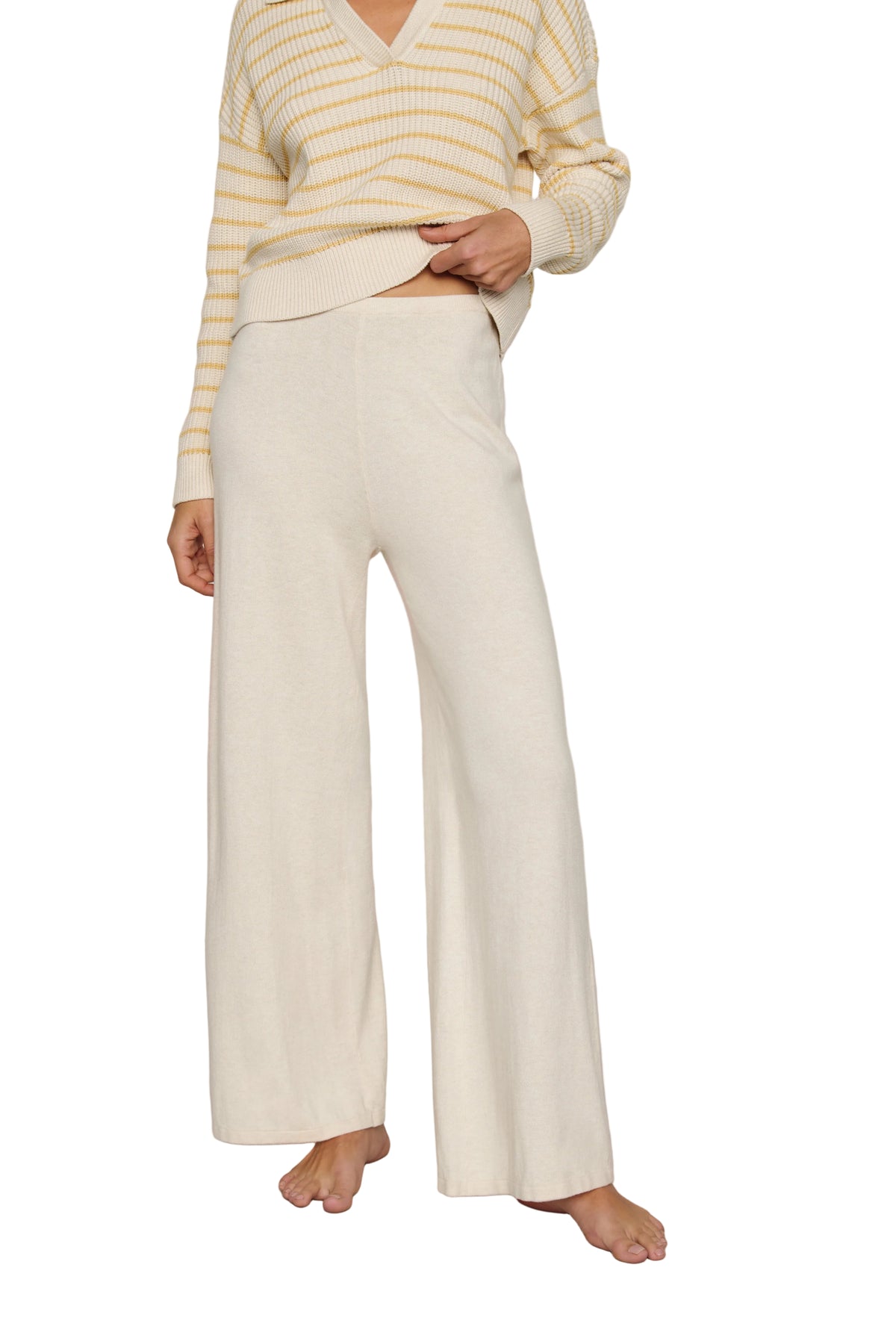 Front view of Fine Gauge pant in Almond Heather showcasing high-rise waist, relaxed wide legs and elastic waistband on white