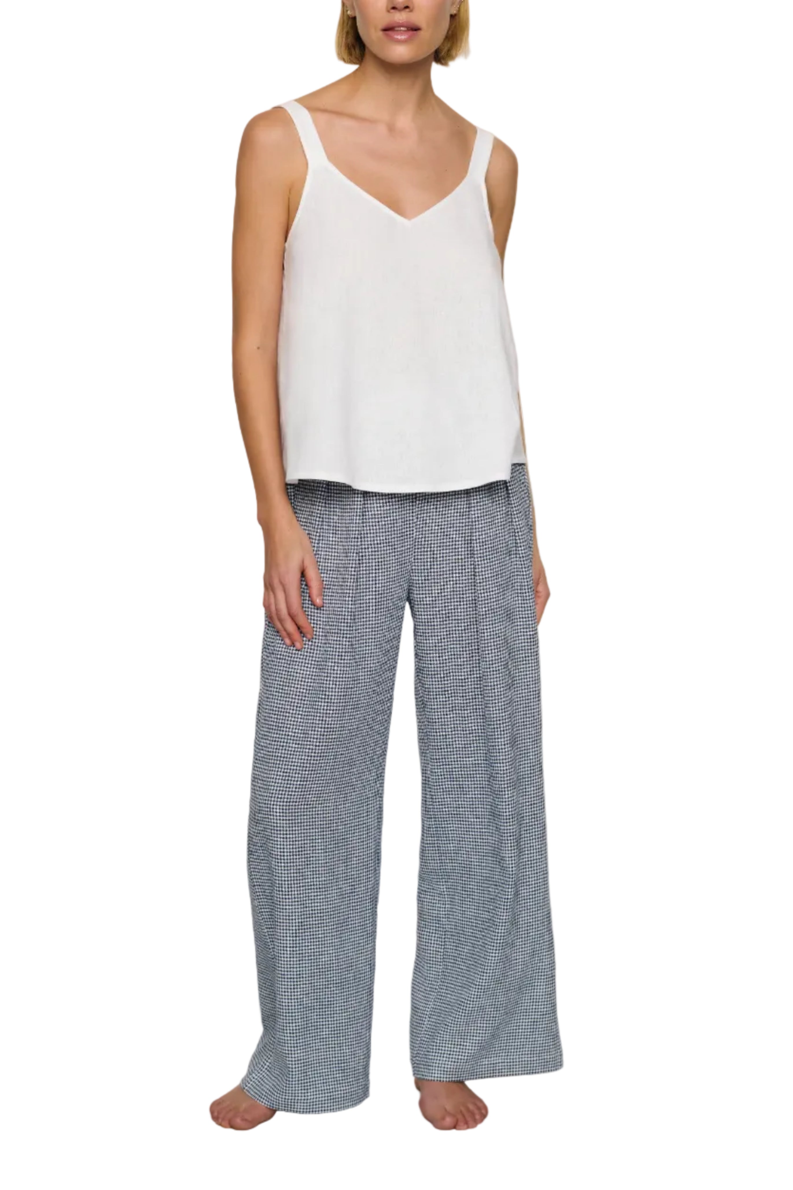 Linen Blend Relaxed Pant in Gingham White/Navy