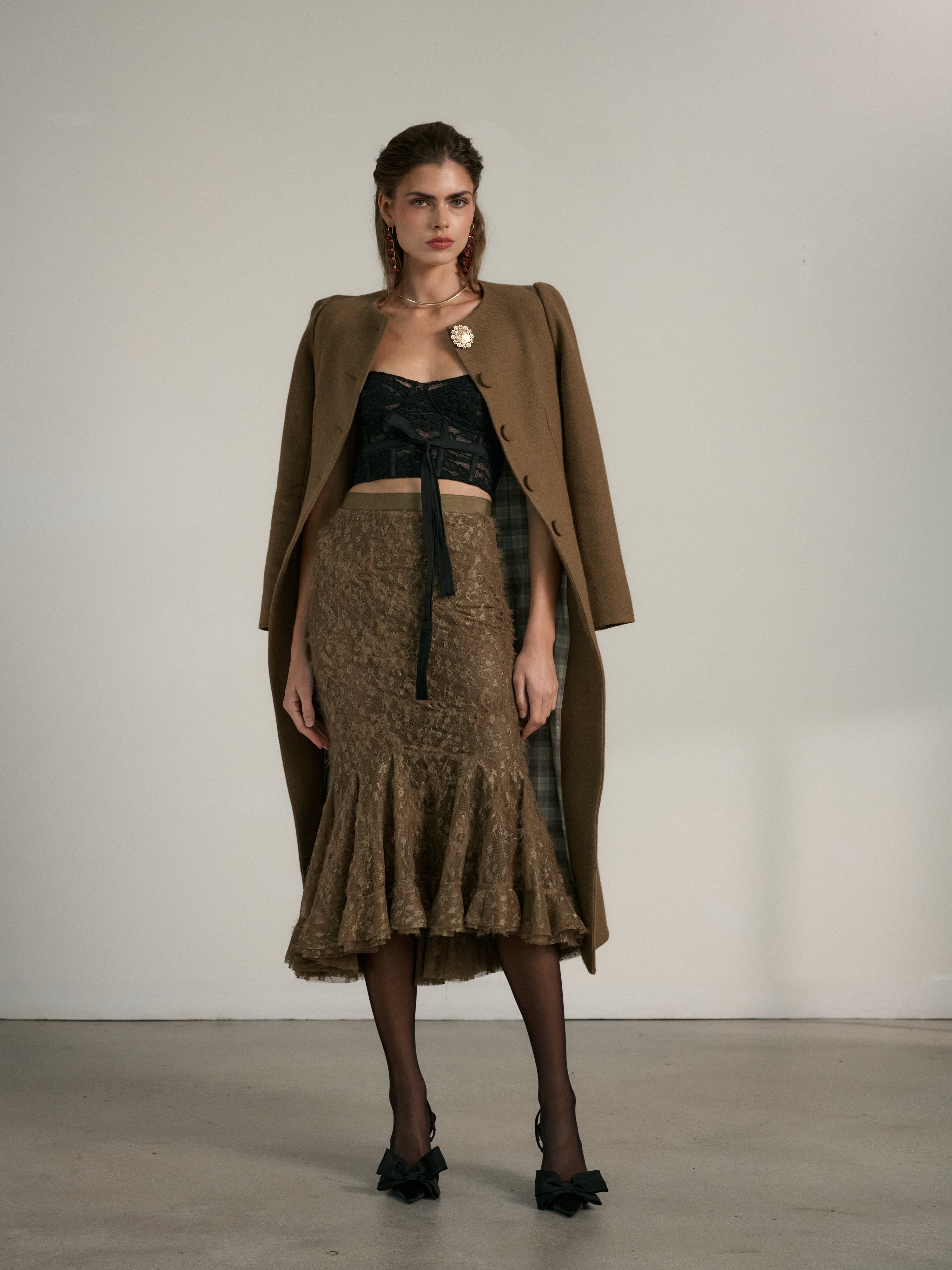 V. Chapman x Kristopher Brock Zapillo Skirt in Brown Fuzzy Lace