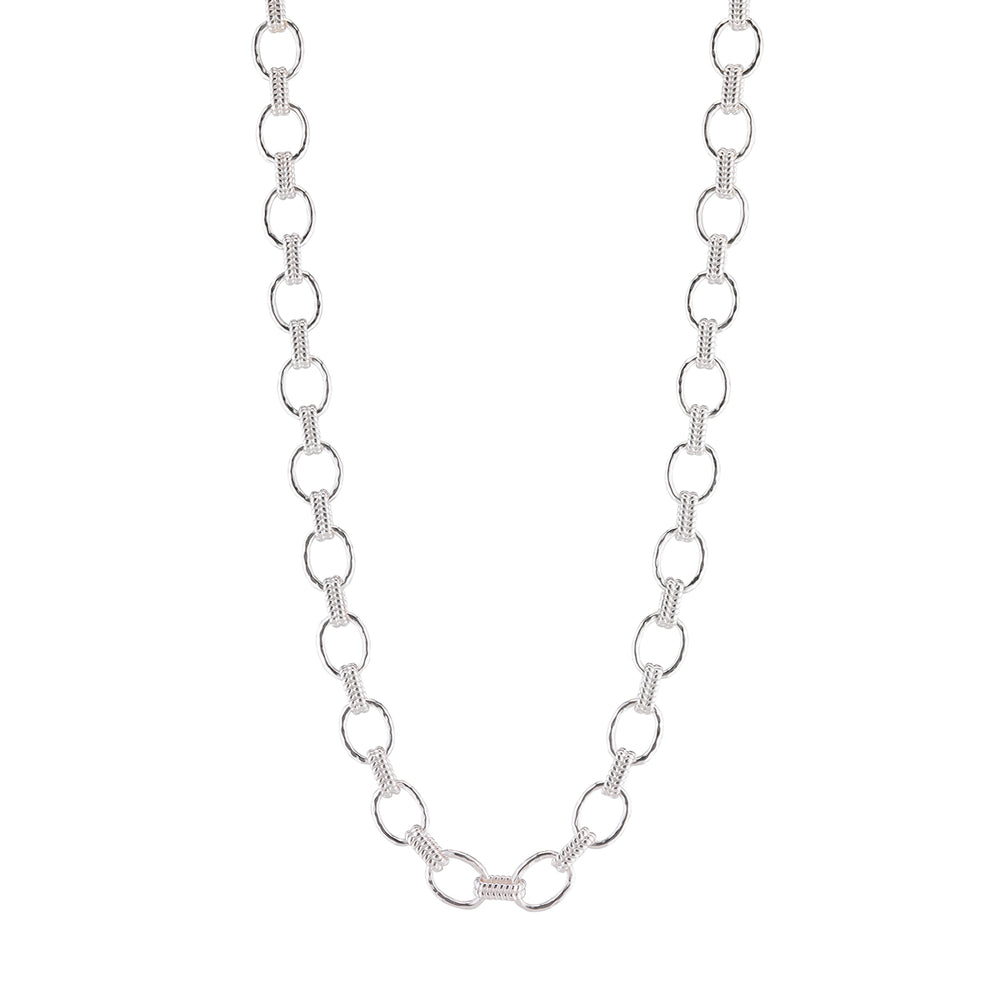 Front view of Cleopatra Small Link Necklace in silver showcasing a braided motif and hammered links on a white background