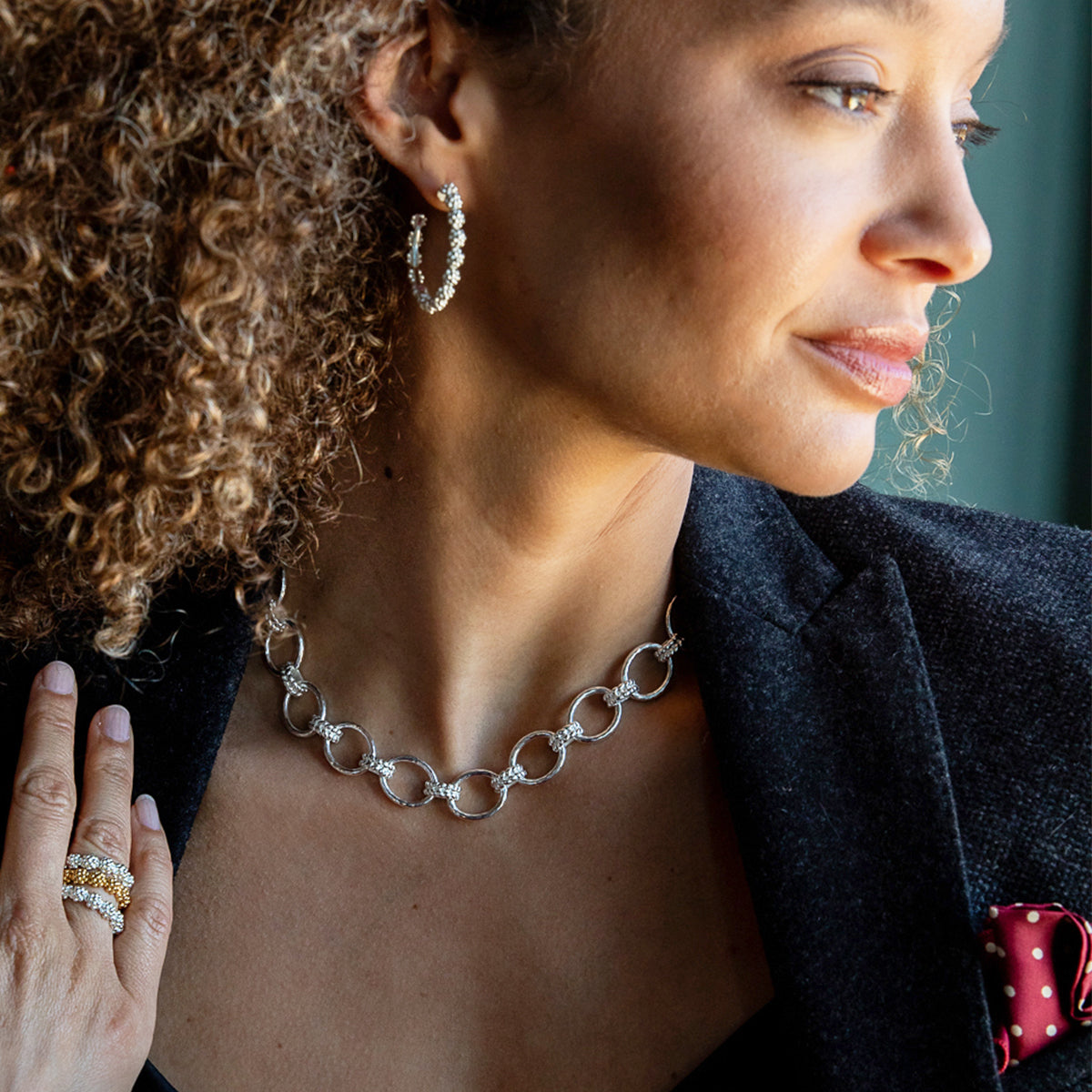 Cleopatra Grande Link Necklace, 16"+ 2" in Silver