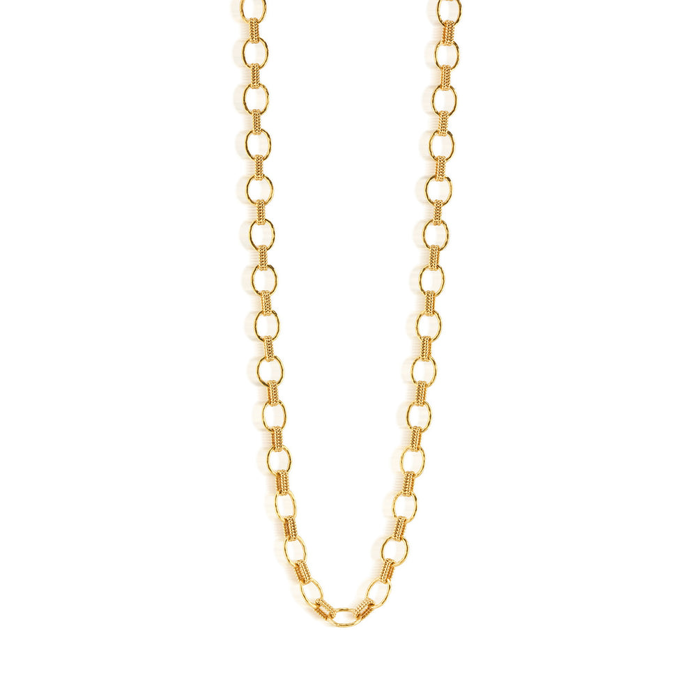 Front view of Cleopatra small link necklace showcasing braided hammered gold links on white background