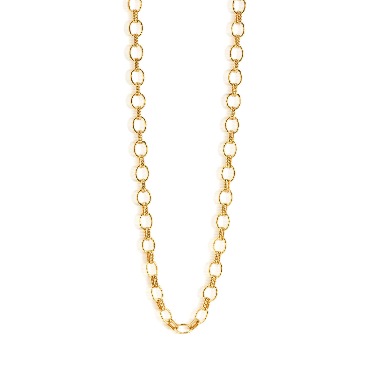 Front view of Cleopatra small link necklace showcasing braided hammered gold links on white background