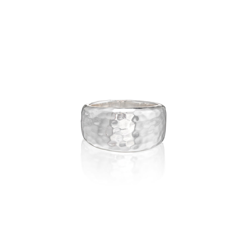 Front view of Cleopatra Ring Band in Silver showcasing hammered texture with a white background