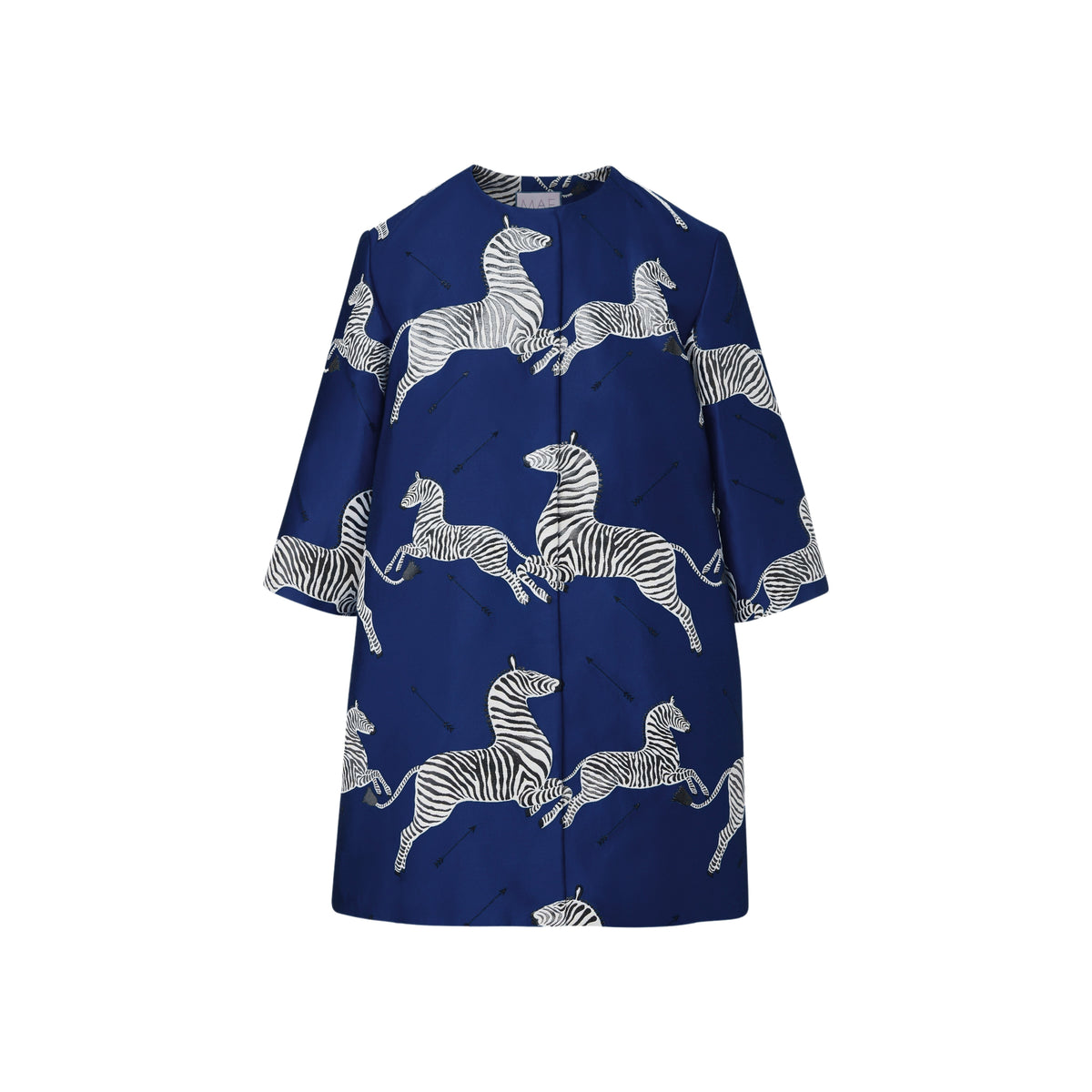 MAE New York x Scalamandre Audrey Coat in Sapphire Jumping Zebras