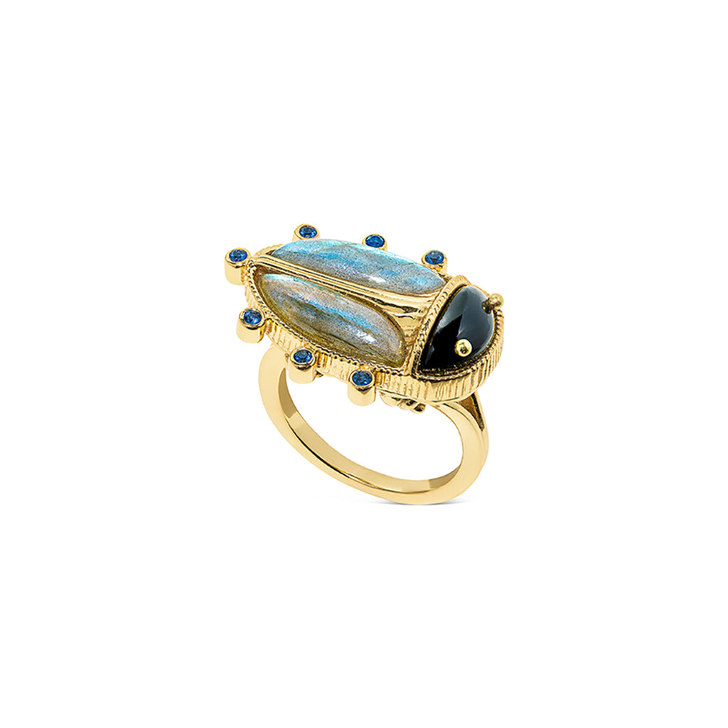 Scarab Ring in Blue Labradorite/Black Agate