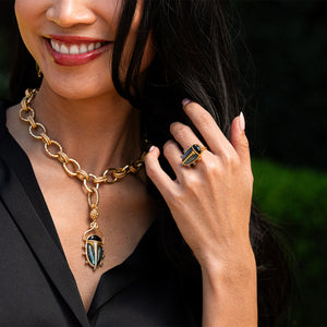 Scarab Ring in Blue Labradorite/Black Agate