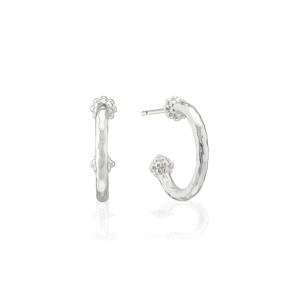 Close-up of Berry Slice Small Hoop Earrings in Silver showcasing textured hoops and berry details on a white background