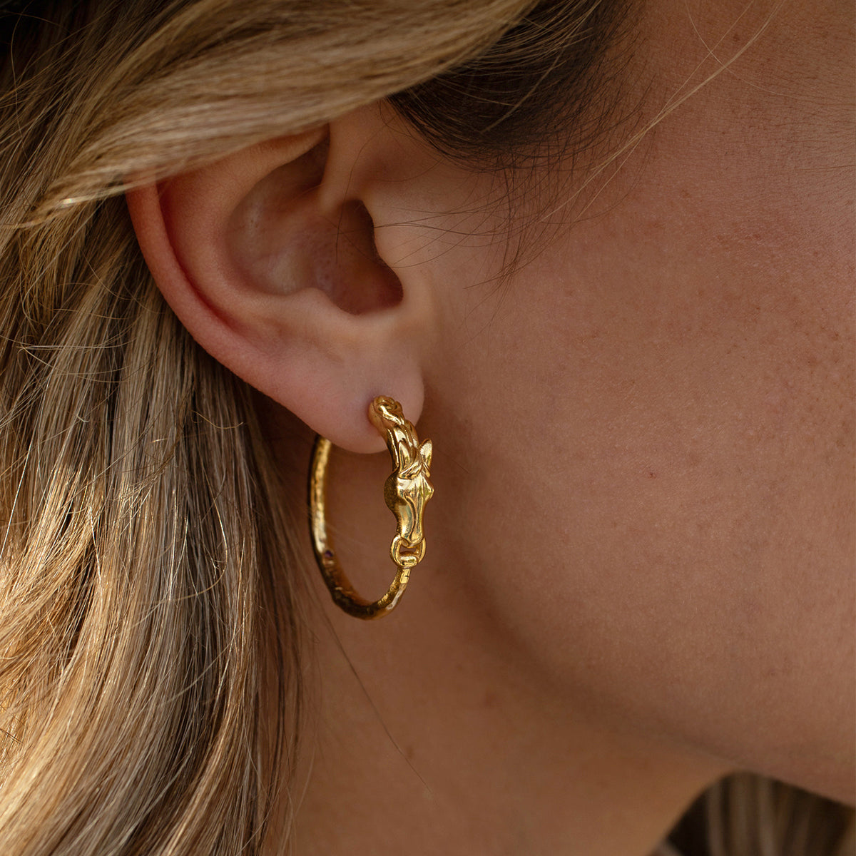 Equestrian Horsehead Hoop Earrings in Gold
