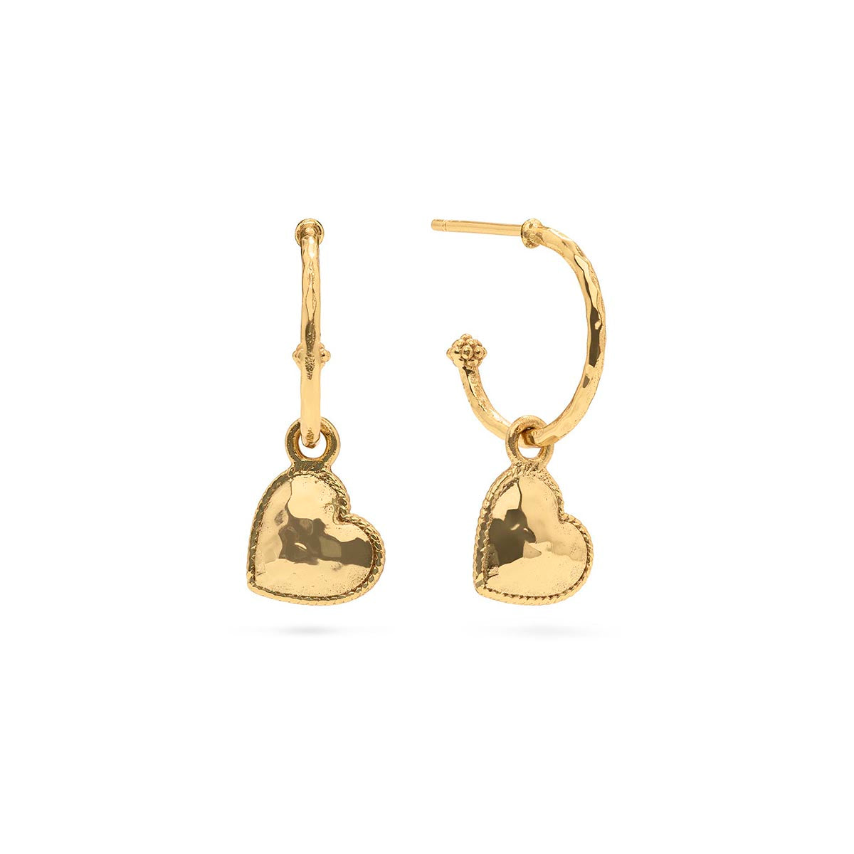 Front view of Love Hoop Earrings with Heart Charm in Gold showcasing hammered hoops, berry details, and dangling heart charms on white background