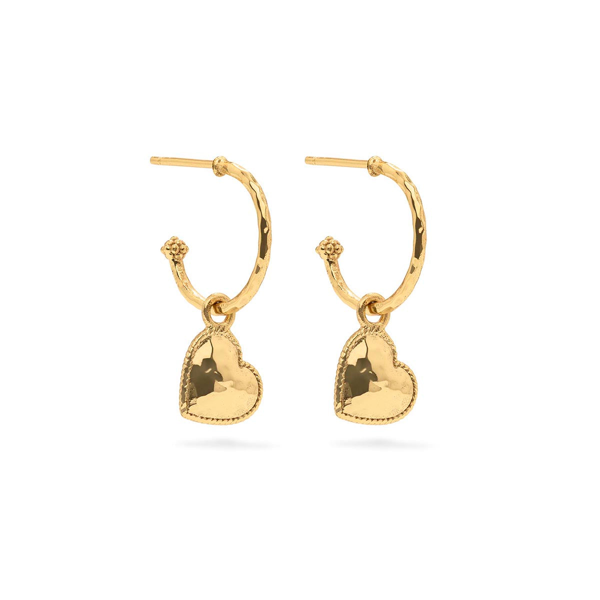 Front view of Love Hoop Earrings with Heart Charm in Gold showing hammered hoops and berry details on white