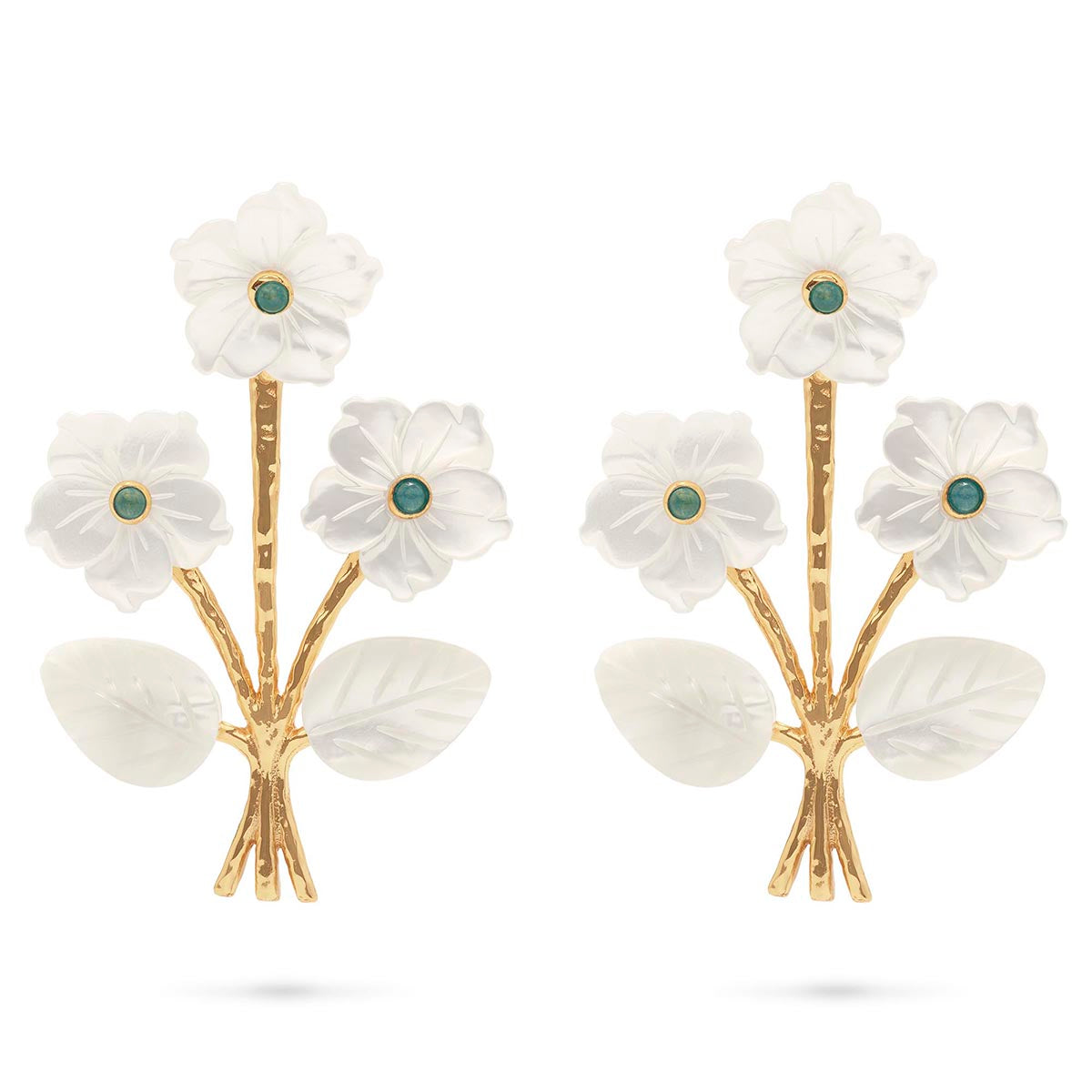 Front view of Mermaid Garden Convertible Bouquet Post Earrings showcasing mother-of-pearl flowers and 18K gold-plated brass stems on a white background