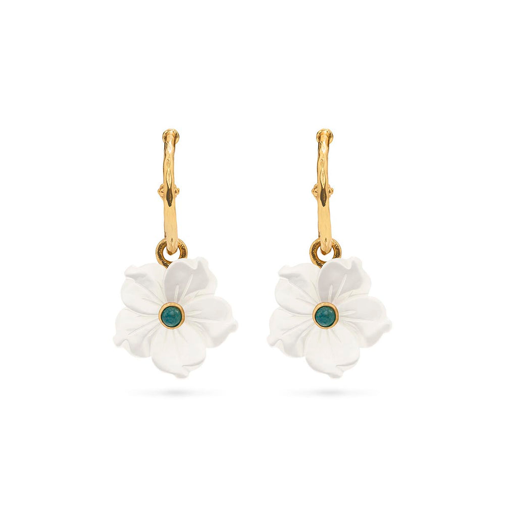 Front view of Mermaid Garden hoop earrings showcasing gold hoops with dangling white mother-of-pearl flower charms and teal centers on a white background