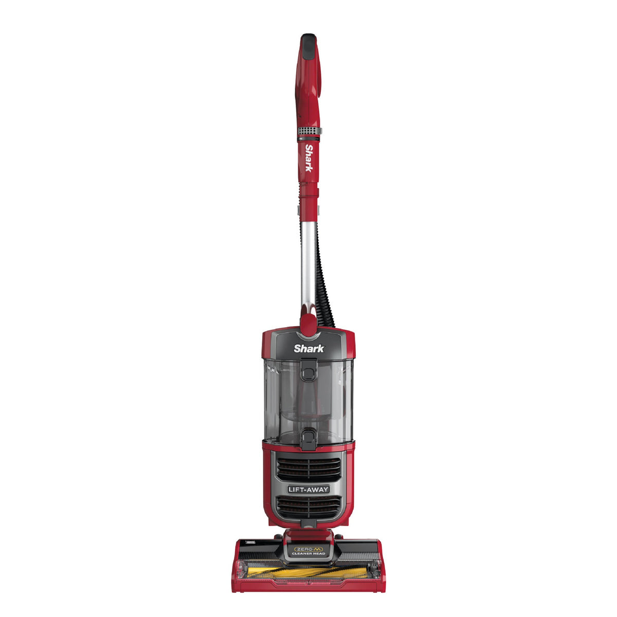 Front view of Shark Navigator Lift-Away upright vacuum showcasing red finish, clear dust cup and lift-away canister on white background