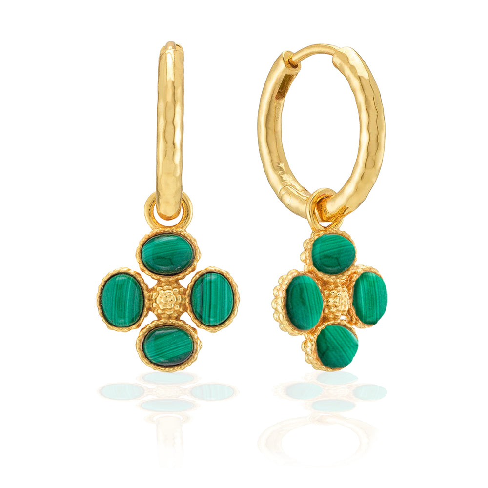 Berry Clover Hoop Earrings with Double Sided Charm in Malachite
