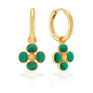 Berry Clover Hoop Earrings with Double Sided Charm in Malachite