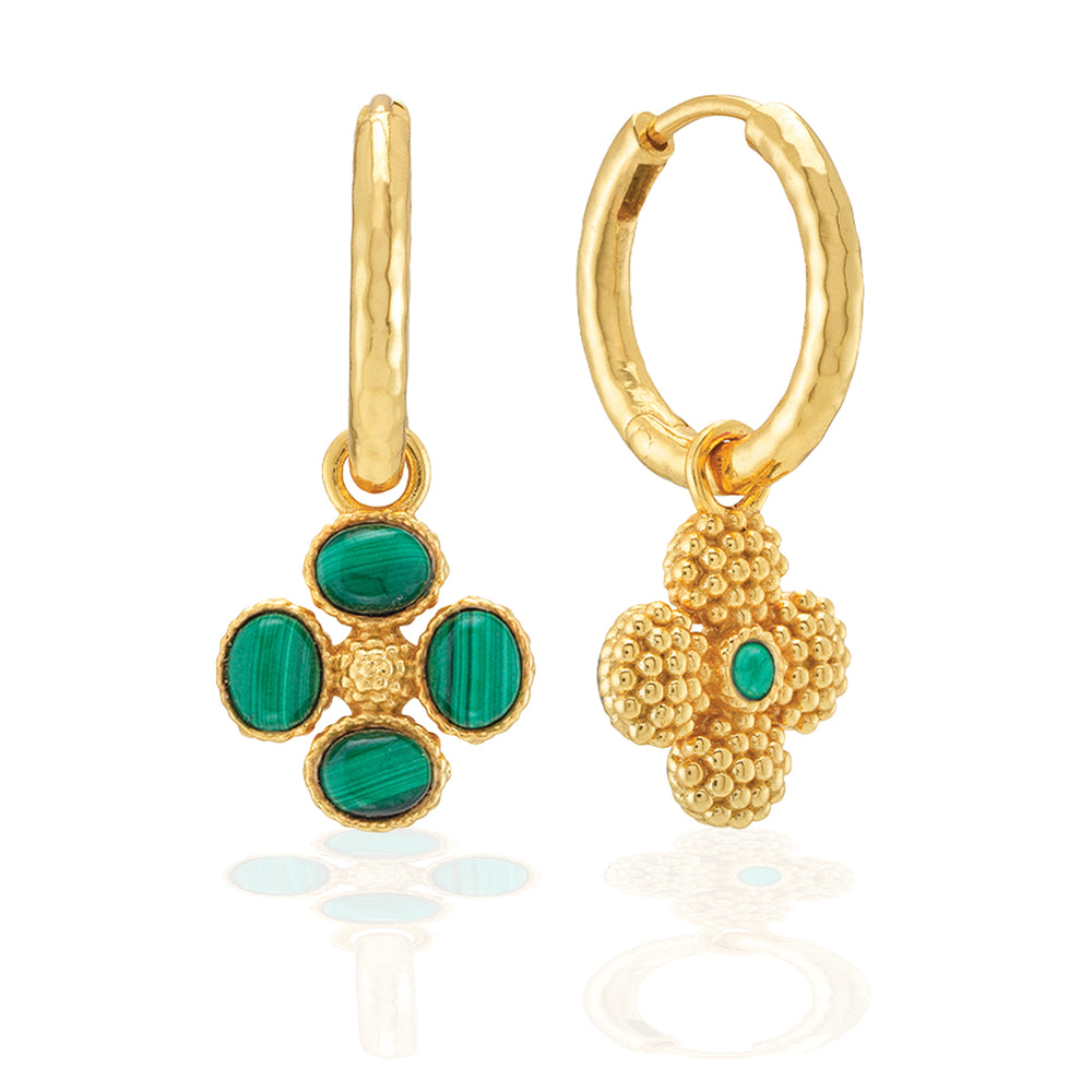 Berry Clover Hoop Earrings with Double Sided Charm in Malachite